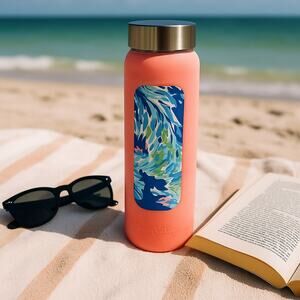 Lilly Pulitzer Eco-Friendly Coral Glass Water Bottle with Silicone Sleeve